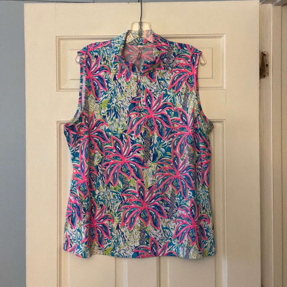 Lulu-B Sleeveless Quarter Zip Top Blue Pink Palm Tree Tank 1X cooling UPF 50+